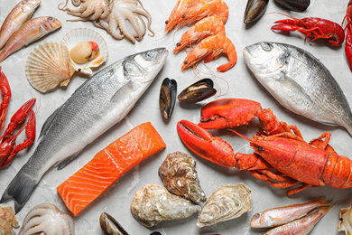 Photo of Fresh fish and seafood on marble table, flat lay