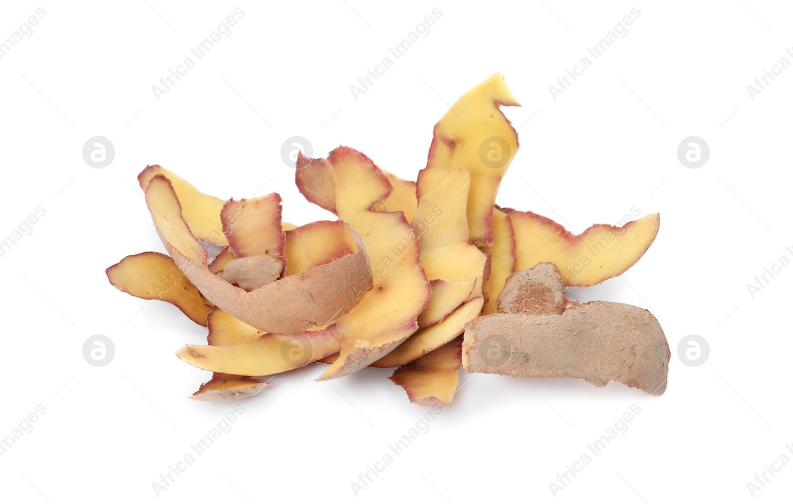 Photo of Potato peel on white background. Composting of organic waste