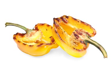 Halves of grilled yellow bell pepper isolated on white