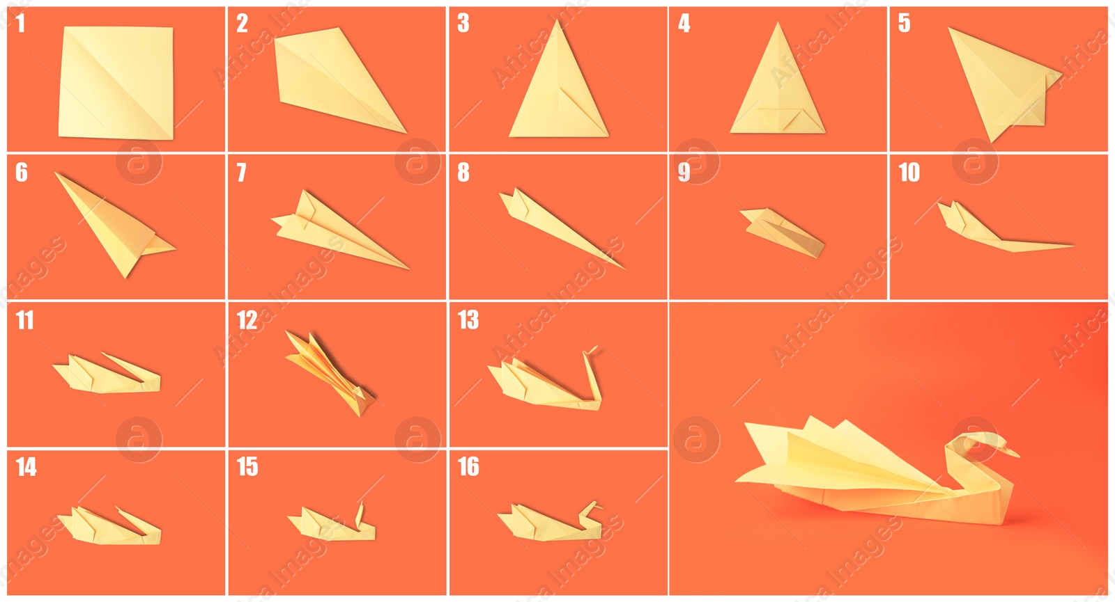 Image of Origami art. Making paper swan step by step, photo collage on coral background