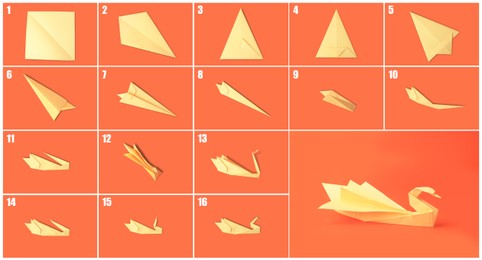 Image of Origami art. Making paper swan step by step, photo collage on coral background