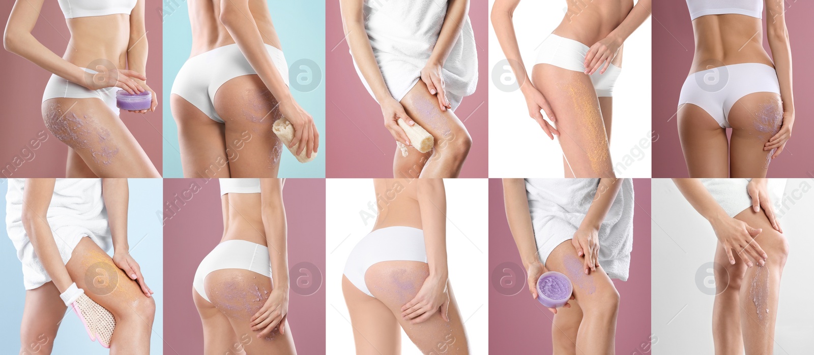 Image of Collage with photos of young women applying body scrubs on different color backgrounds, closeup