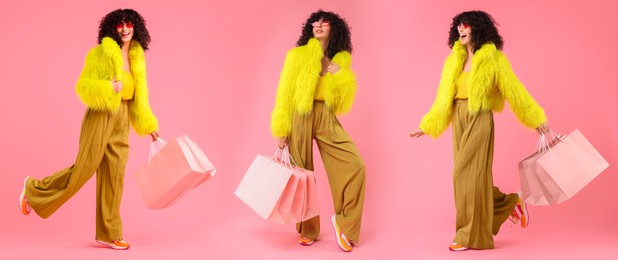 Woman with shopping bags on pink background, set with photos