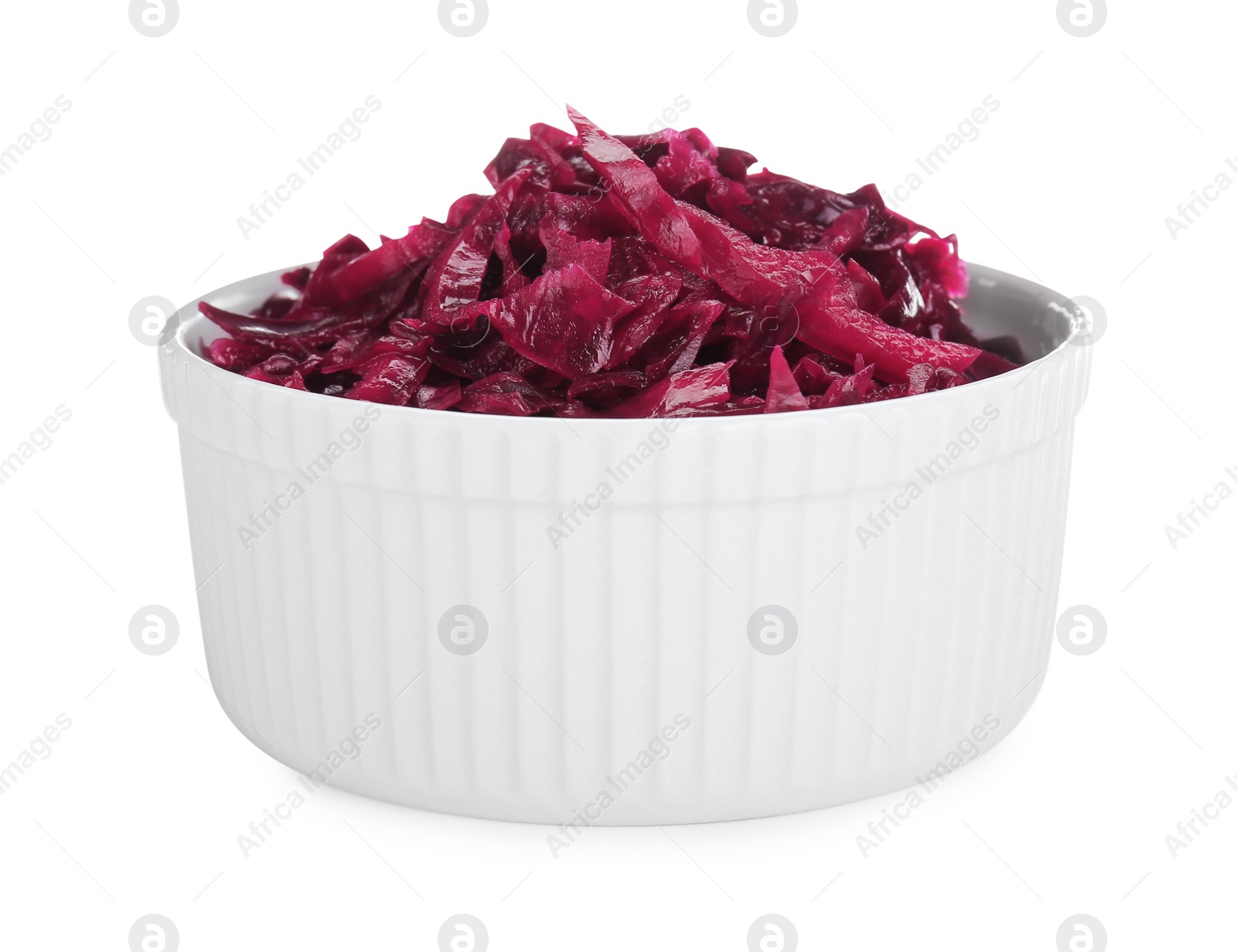 Photo of Bowl of tasty red cabbage sauerkraut isolated on white