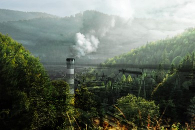 Image of Environmental pollution. Mountain landscape and industrial factory with emissions, double exposure