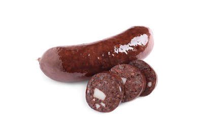 Photo of Cut and whole tasty blood sausages on white background