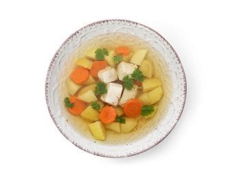 Photo of Dish with fresh homemade chicken soup on white background, top view