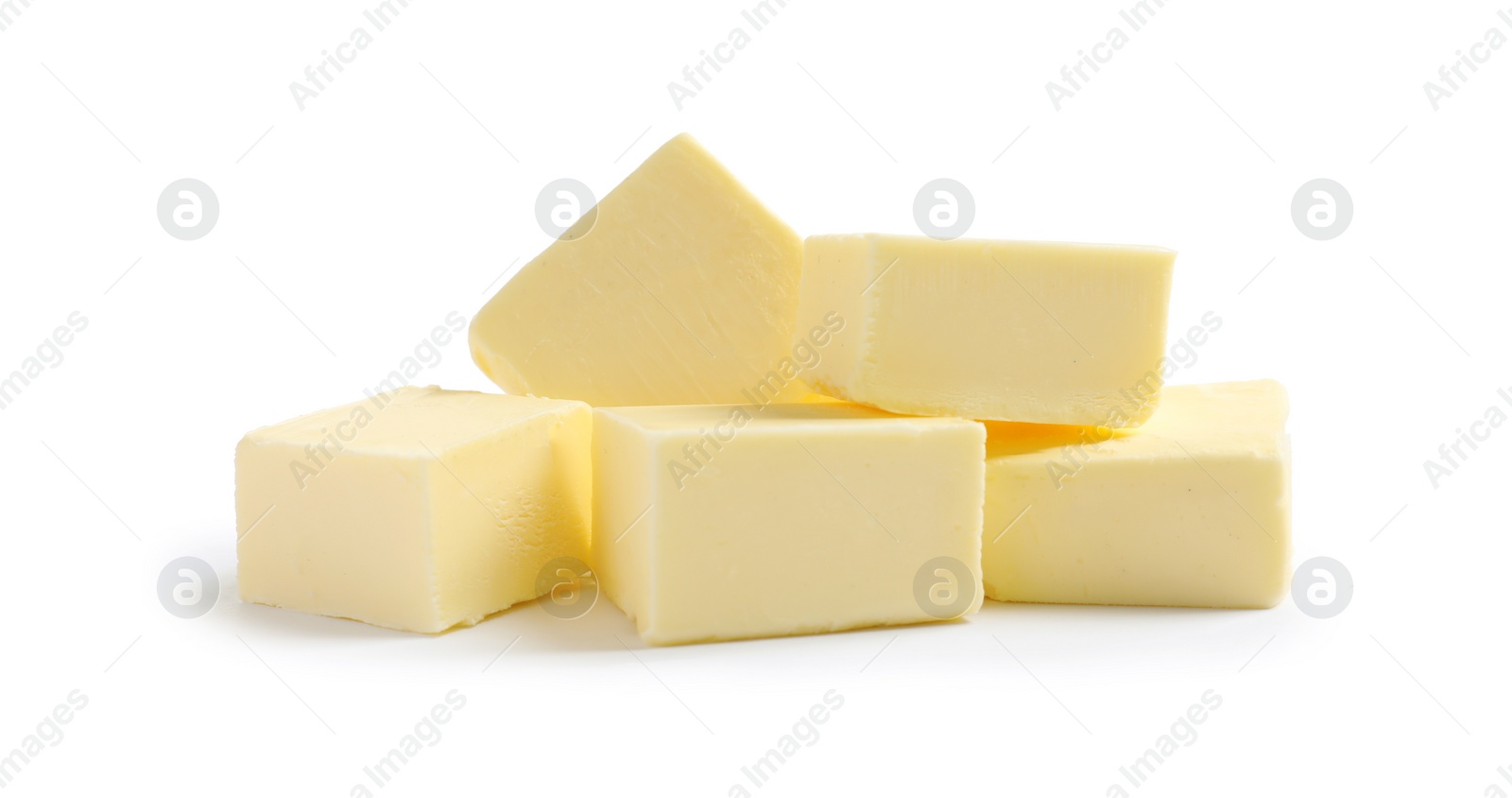 Photo of Cut butter on white background. Dairy product