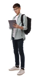 Photo of Teenage student with backpack and tablet on white background