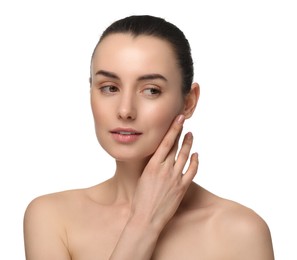 Portrait of beautiful young woman on white background