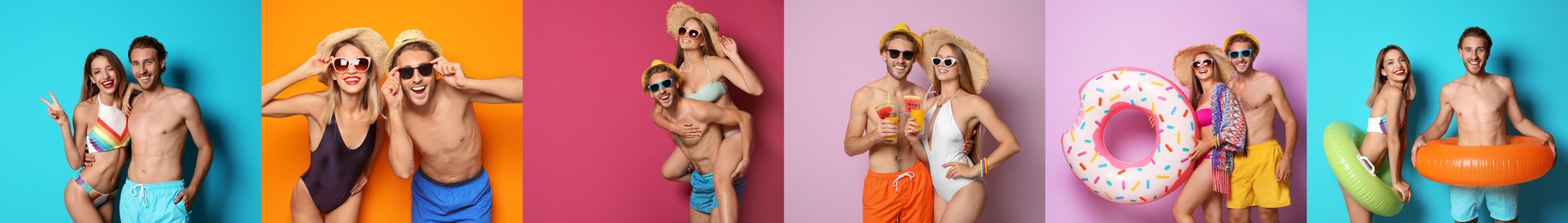 Image of Collage with beautiful photos themed to summer party and vacation. Happy young couples wearing swimsuits on different color backgrounds, banner design
