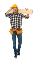 Photo of Handsome carpenter with wooden planks isolated on white