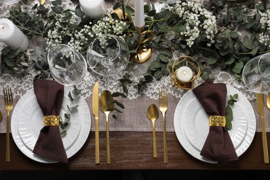 Photo of Stylish elegant table setting for festive dinner, flat lay