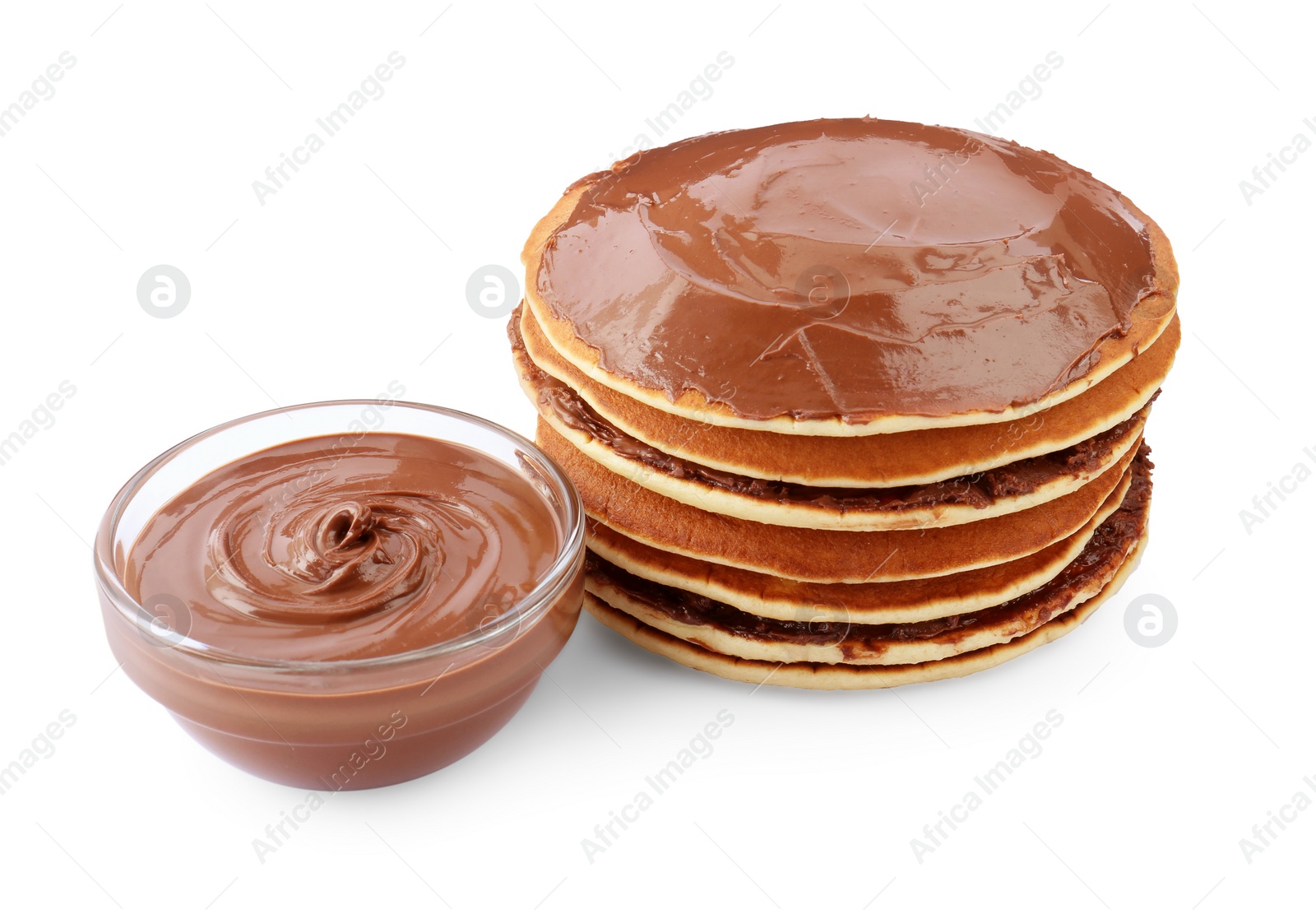 Photo of Tasty pancakes with chocolate paste isolated on white