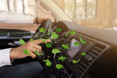 Image of Man enjoying driving car feeling mint scent from ventilation, closeup. Air freshener