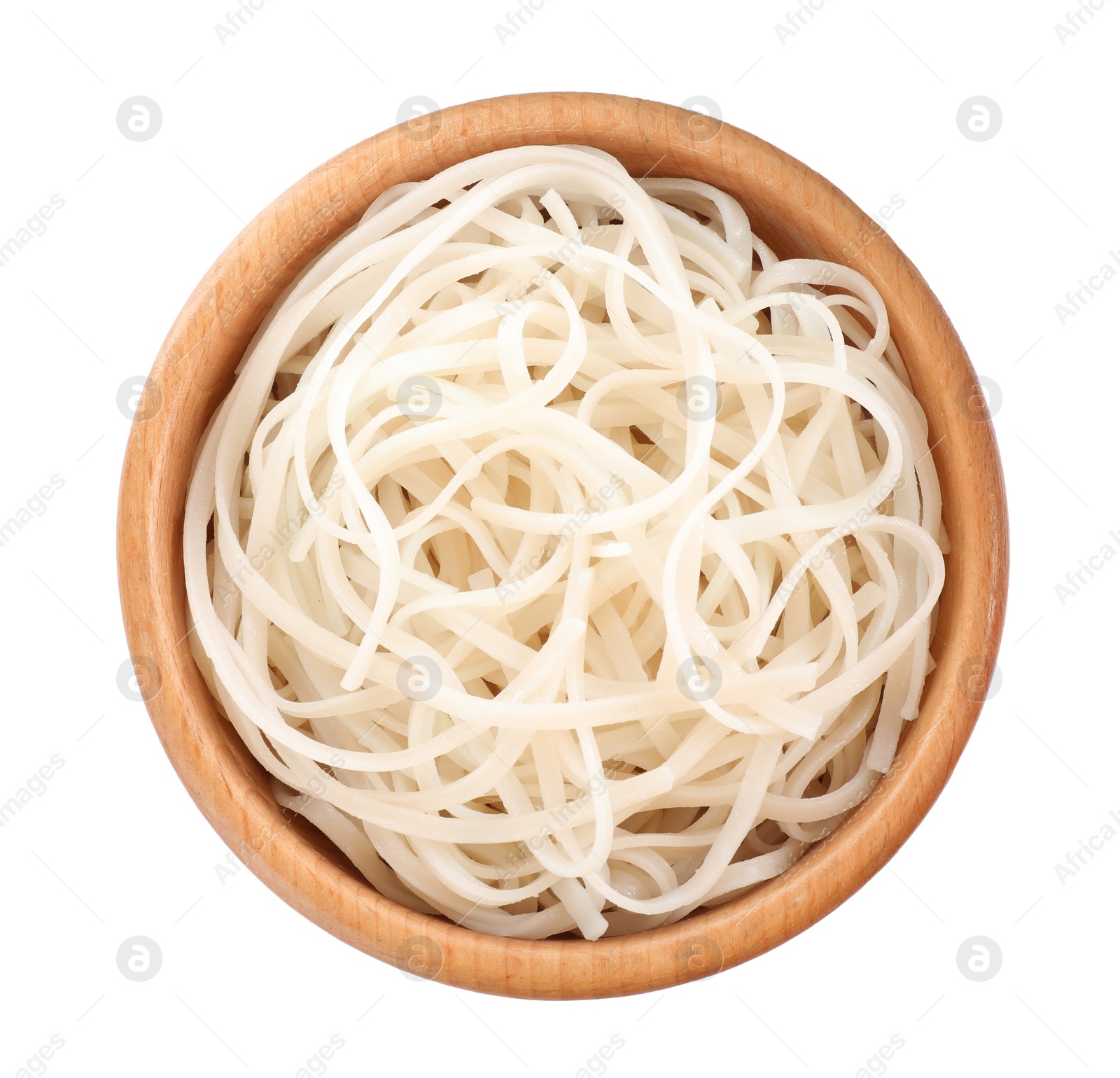 Photo of Wooden bowl of tasty cooked rice noodles isolated on white, top view