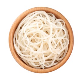 Wooden bowl of tasty cooked rice noodles isolated on white, top view