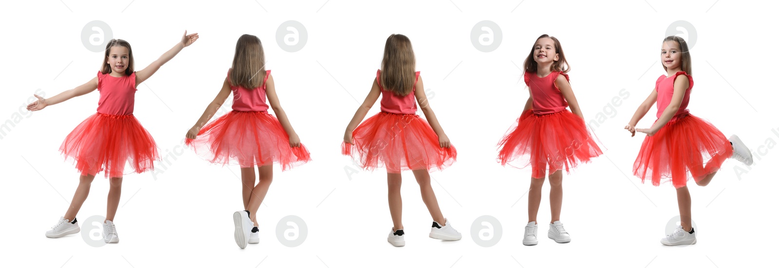 Image of Cute little girl in tutu skirt dancing on white background, set of photos