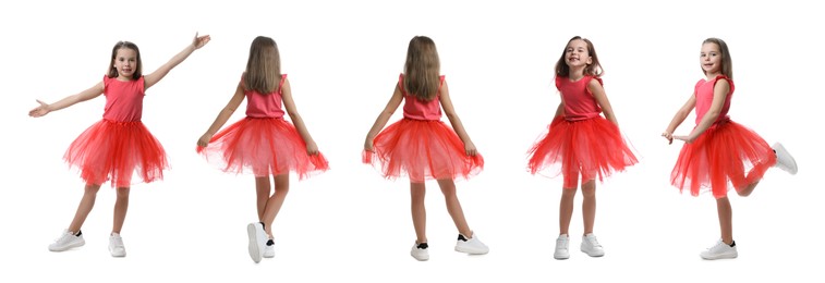 Cute little girl in tutu skirt dancing on white background, set of photos