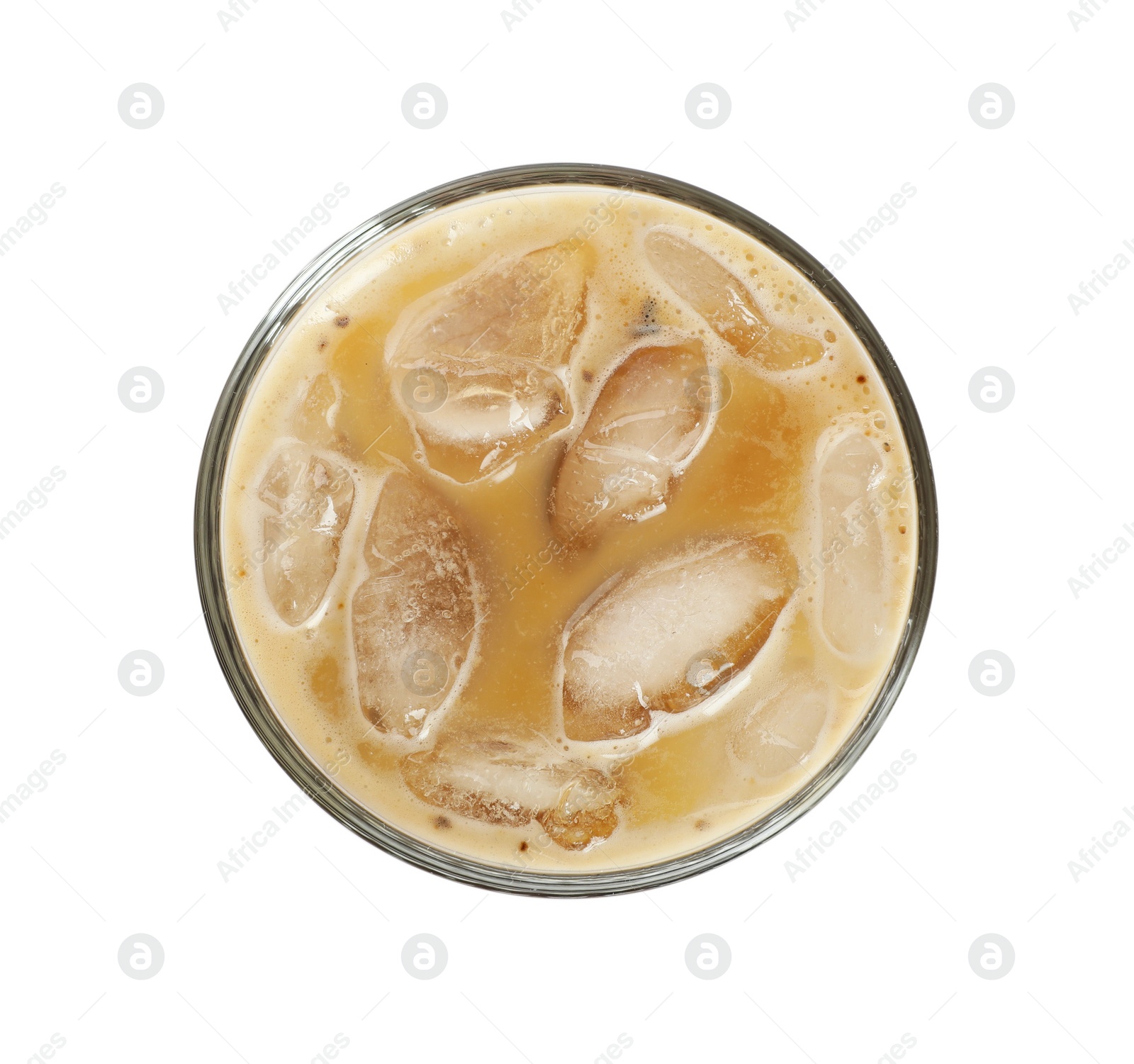 Photo of Iced coffee with milk in glass isolated on white, top view