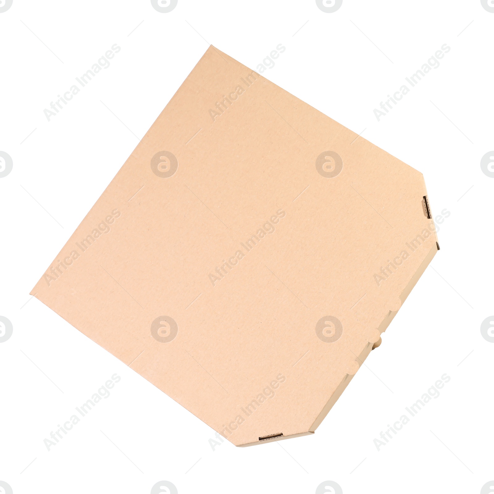 Photo of Cardboard pizza box on white background, top view. Mockup for design