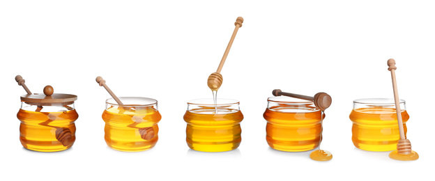 Image of Set of organic delicious honey on white background. Banner design 