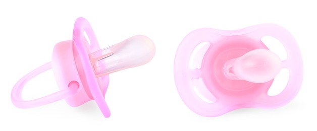 Image of Pink baby pacifier on white background, views from different sides