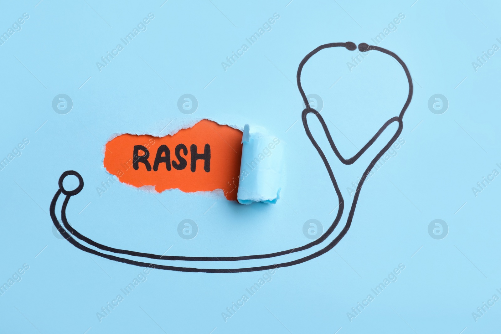 Photo of Word Rash written on orange background, view through hole in light blue paper with drawn stethoscope