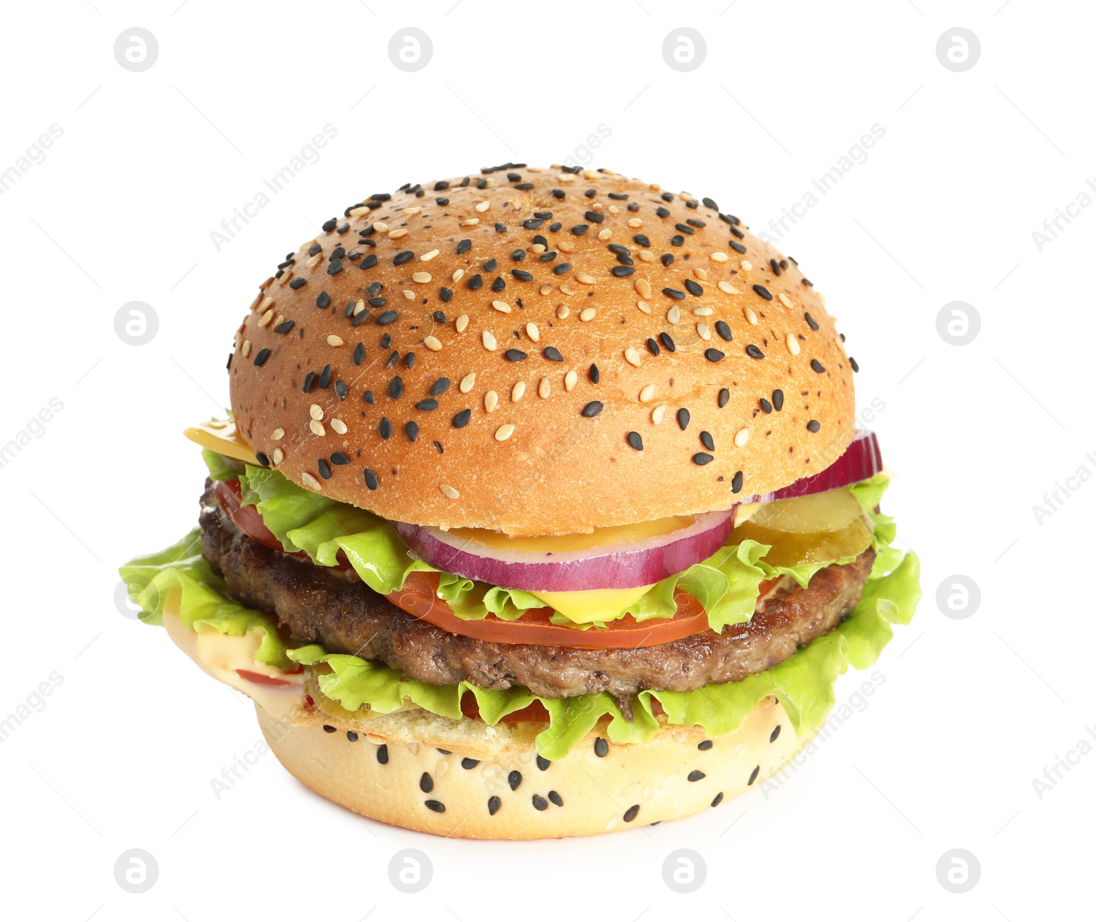 Burger with delicious patty isolated on white Photo of Burger with delicious patty isolated on white