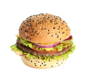 Photo of Burger with delicious patty isolated on white