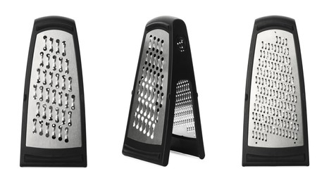 Image of Stainless steel graters on white background, collage. Banner design 