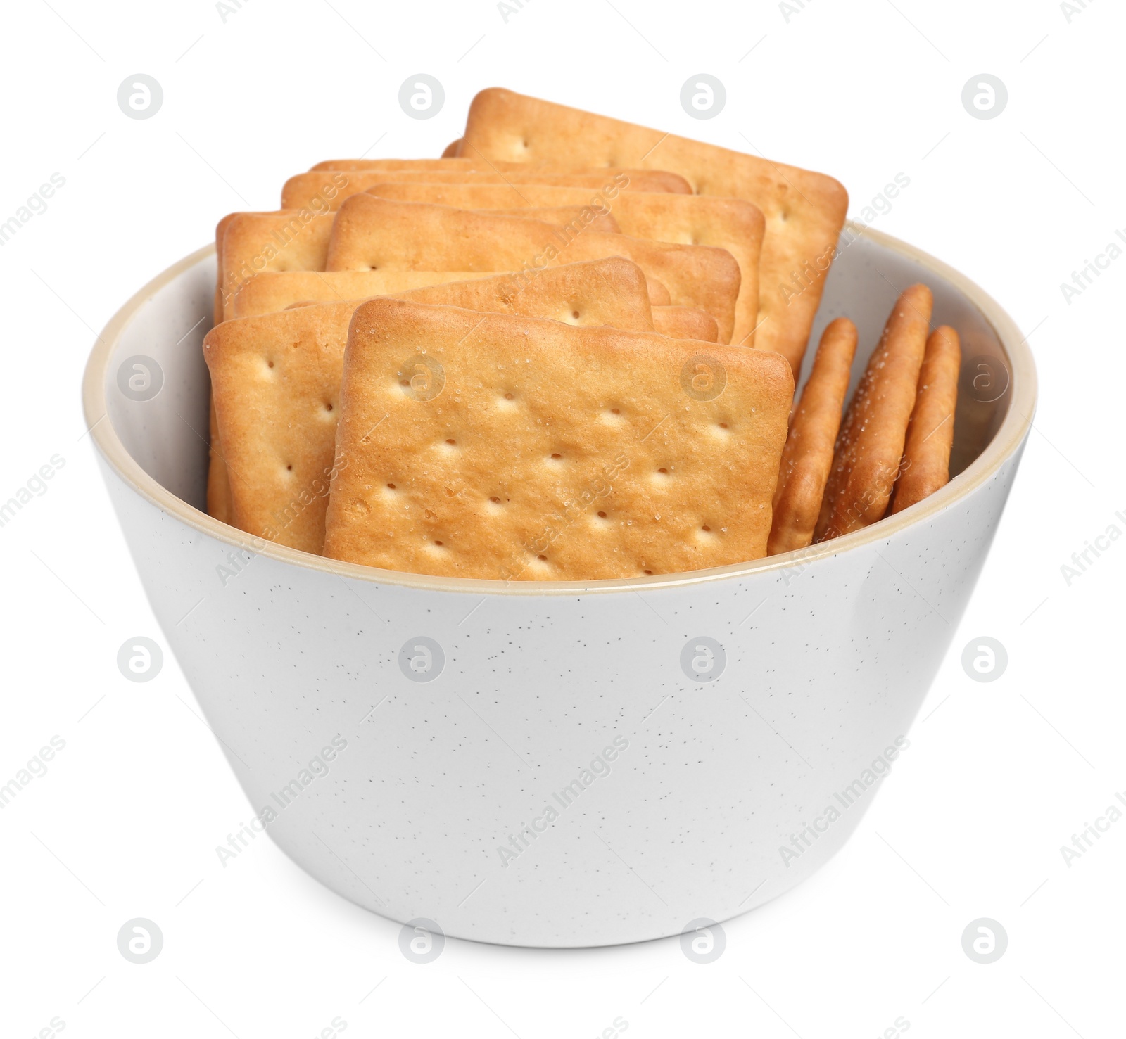Photo of Tasty crackers in bowl isolated on white