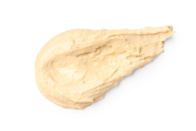 Photo of Smear of tasty hummus isolated on white, top view