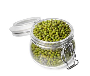 Photo of Glass jar with green mung beans isolated on white. Organic grains