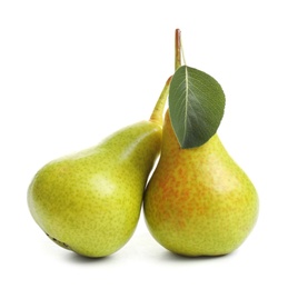 Whole ripe pears on white background