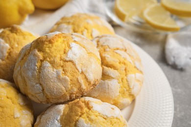 Photo of Plate with tasty lemon cookies on grey table, closeup