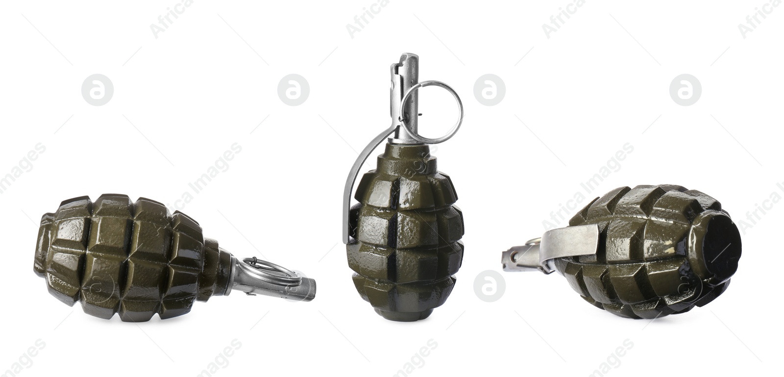 Image of Set with hand grenades on white background. Banner design