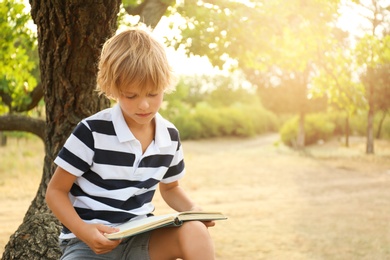 Photo of Cute little boy reading book near tree in park