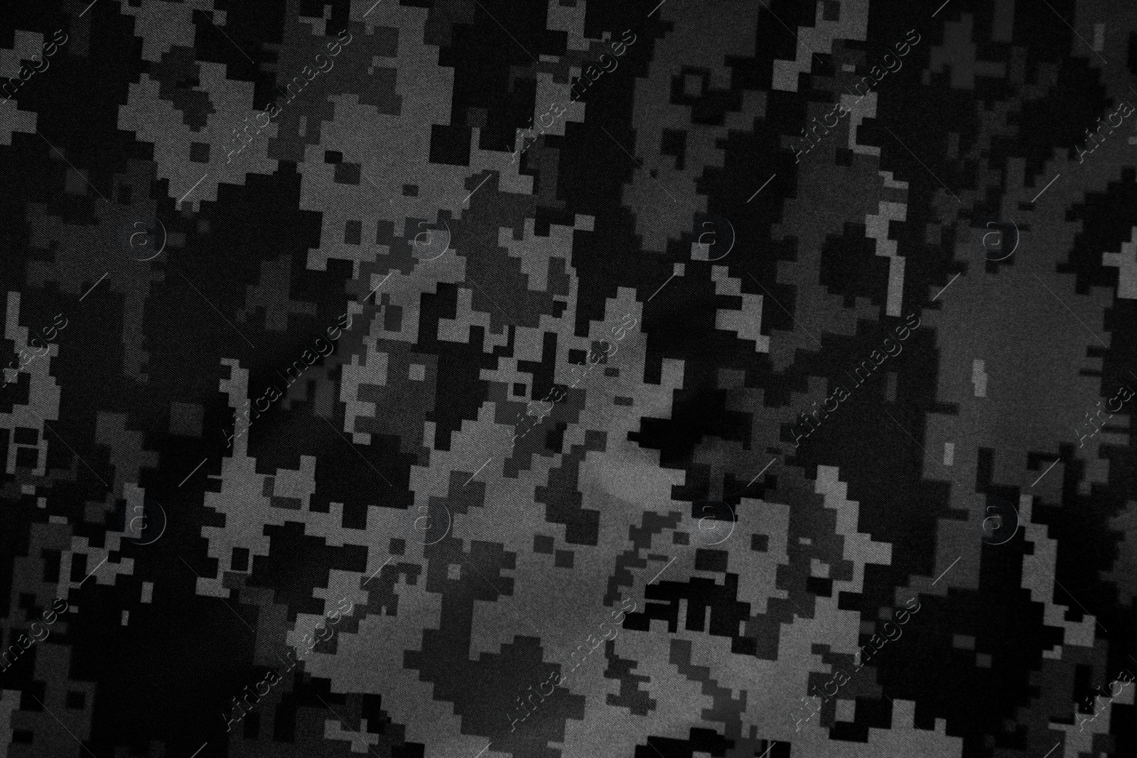 Image of Texture of camouflage fabric as background, top view. Black and white effect