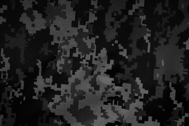 Image of Texture of camouflage fabric as background, top view. Black and white effect