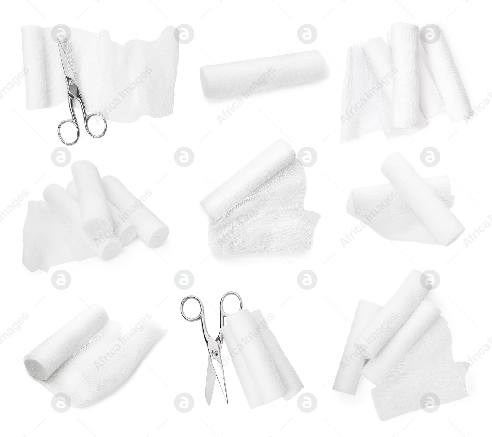 Image of Set with gauze bandages on white background