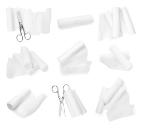 Set with gauze bandages on white background