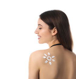 Photo of Woman with sun protection cream on her back against white background