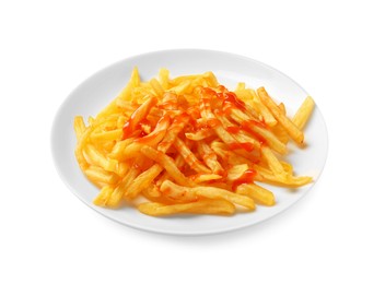Photo of Tasty french fries with ketchup isolated on white