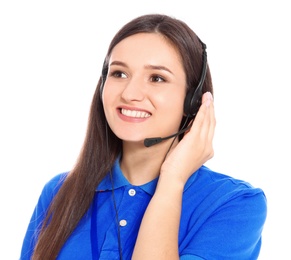 Photo of Female technical support operator with headset on white background
