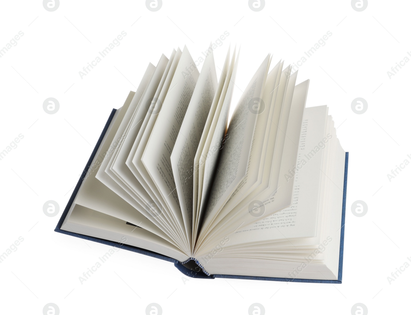 Photo of Open blue hardcover book isolated on white