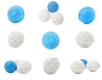 Image of Set with dryer balls for washing machine on white background