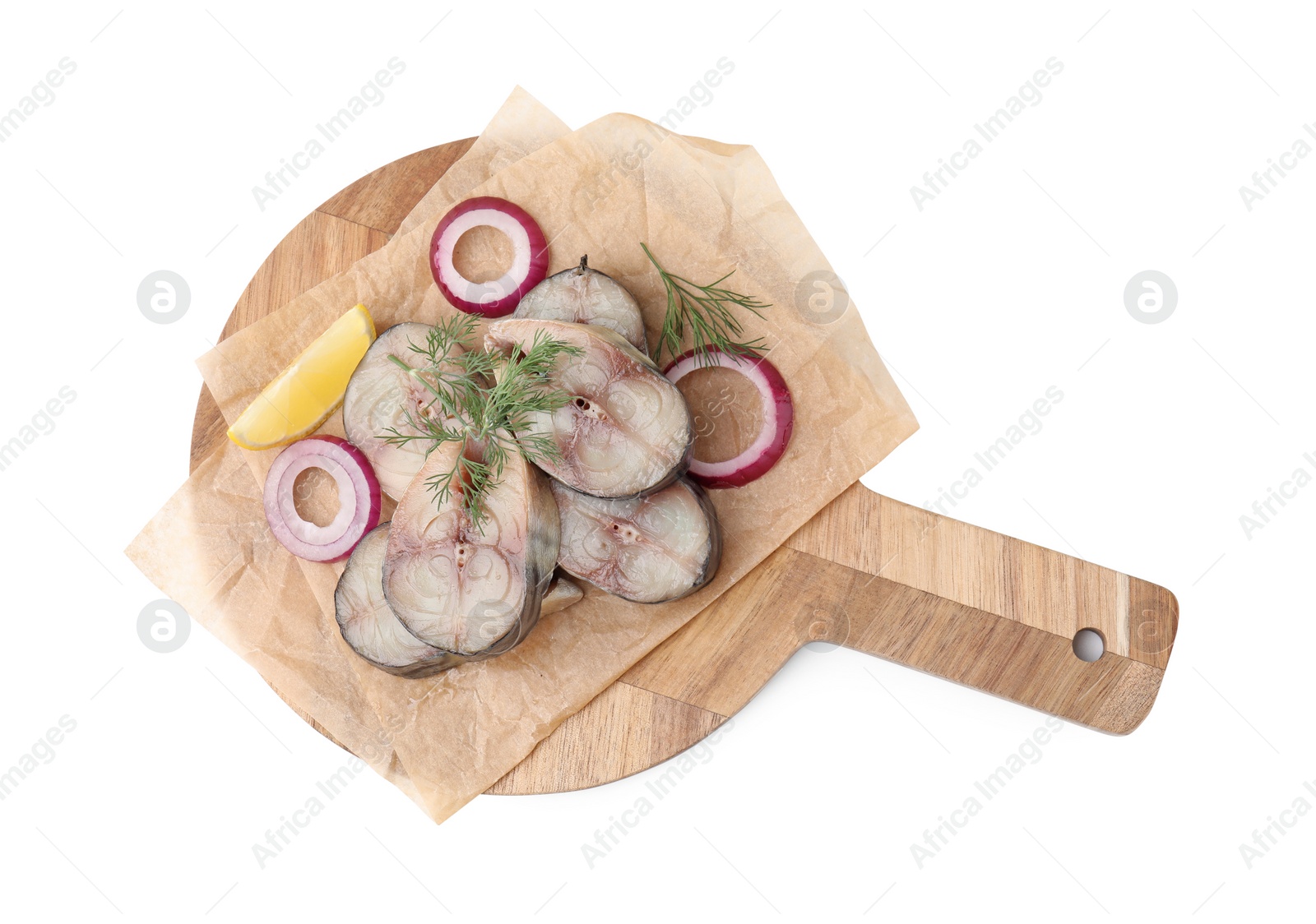 Photo of Slices of tasty salted mackerel with lemon and onion isolated on white, top view