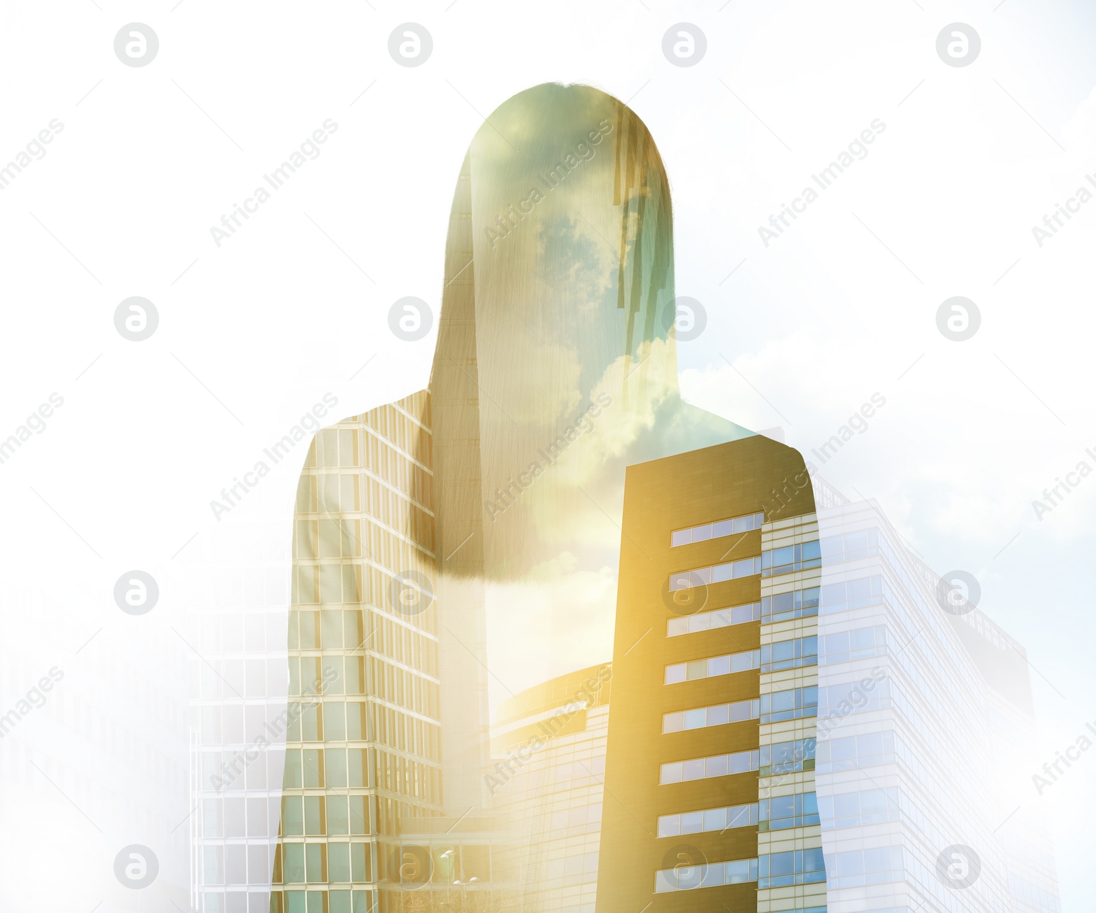 Image of Double exposure of businesswoman and cityscape with office buildings