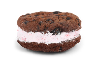 Photo of Sweet delicious ice cream cookie sandwich on white background